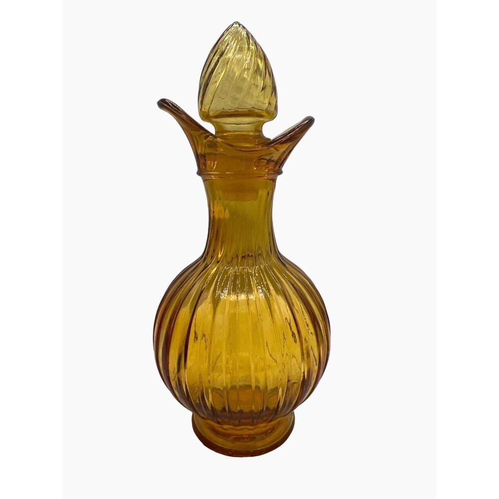 Avon Amber Bulbous Ribbed Decanter Cruet with Stopper 7" Tall Decor Display Prop